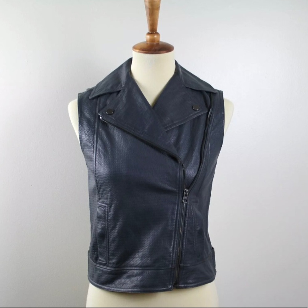 Vince Grey Leather Embossed Biker Moto Vest